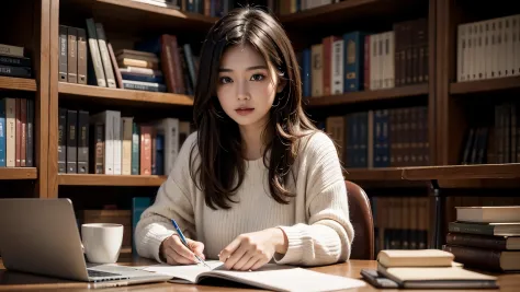 beautiful young college woman sitting in the library, writing notes on a notebook, academic atmosphere, calm atmosphere, laptop ...