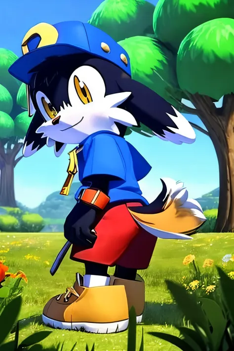 1 furry black Klonoa, wearing blue cap, and red clothes, knee long ears, best quality, 8k, 2D