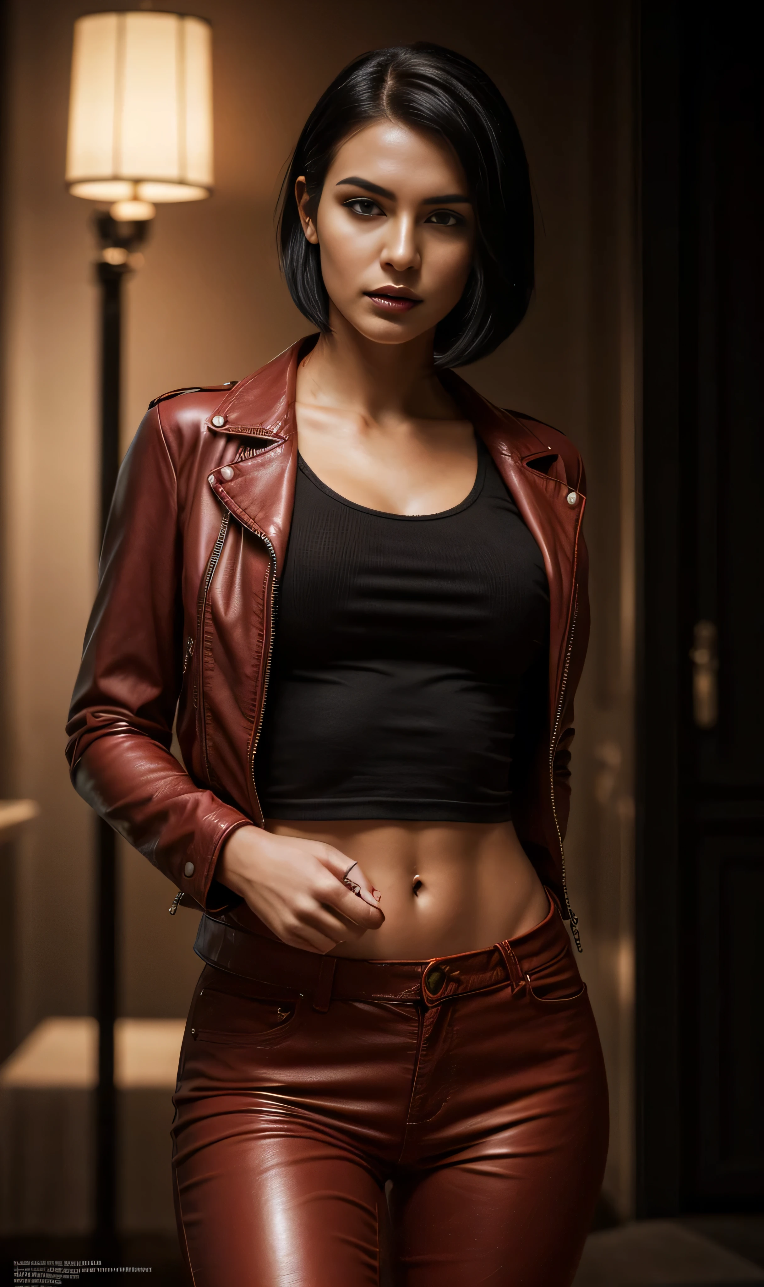 beautiful 25-year-old British vampire mercenary woman with short black hair, pale skin, wearing a red leather jacket and black tight leather pants, front view,  challenging pose, ambient lighting, realistic photo, intricate facial detail, intricate hand details, highly detailed, vivid colors, cinematic, high resolution, trendy Artstation -- style raw