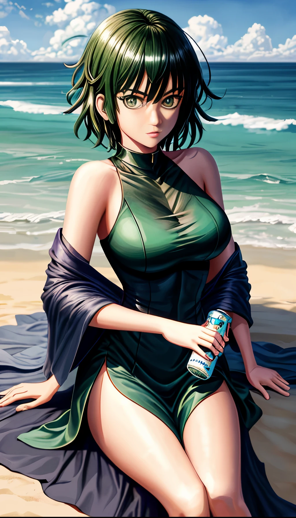 Anime girl lying on a bed with a bottle of beer, Fubuki from One Punch Man, Fubuki, Fubuki with curly green hair, in a beach, High quality fanart, on the beach, Trends in ArtStation Pixiv, Guweiz and Pixiv Artstation, Highly detailed exquisite fanart, Extremely detailed artgerm, Arte Zerochan