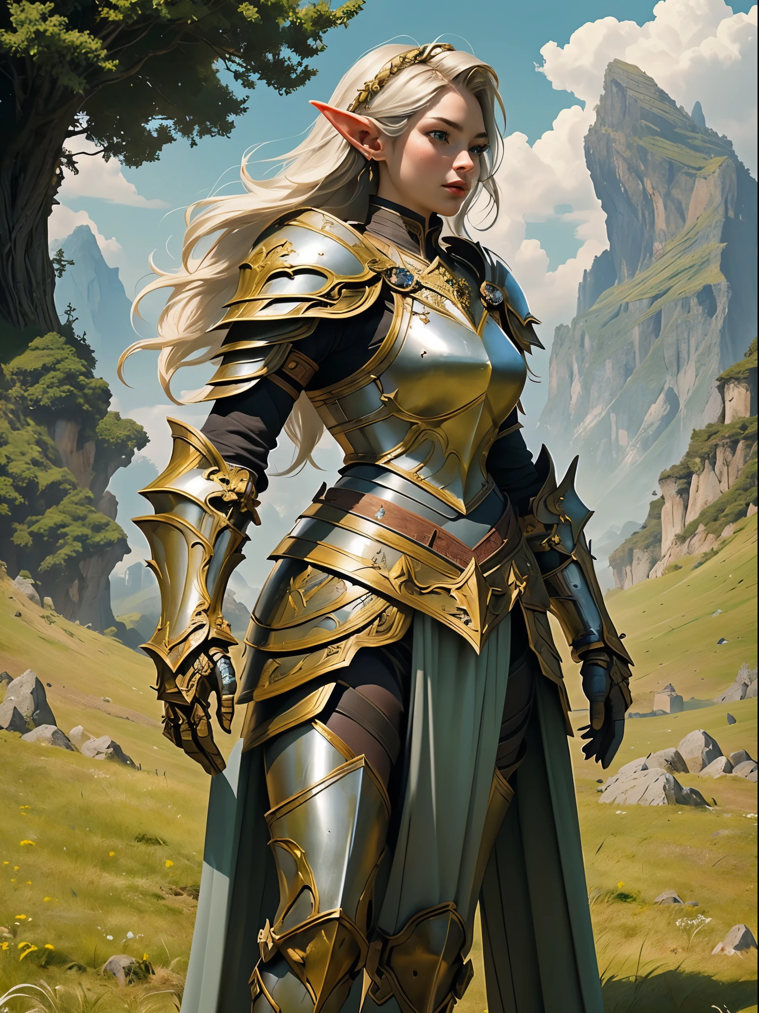 high details, best quality, 8k, [ultra detailed], masterpiece, best quality, (extremely detailed), full body, ultra wide shot, photorealistic, fantasy_world, fantasy art, dnd art, rpg art, realistic art, a wide angle, (((anatomically correct))) a wallpaler of an elf knight, elf warrior, princess knight, shinning knight, ready for battle with her mount (intense details, Masterpiece, best quality: 1.5), female elf (intense details, Masterpiece, best quality: 1.5), ultra detailed face, ultra feminine, fair skin, exquisite beauty, gold hair, long hair, wavy hair, small pointed ears, dynamic eyes color, wearing heavy mech armor, shinning metal, armed with elven sword fantasysword sword, standing near her mount, dynamic mount , green meadows, blue skies background and some clouds background depth of field (intricate details, Masterpiece, best quality: 1.5), full body (intricate details, Masterpiece, best quality: 1.5), high details, best quality, highres, ultra wide angle