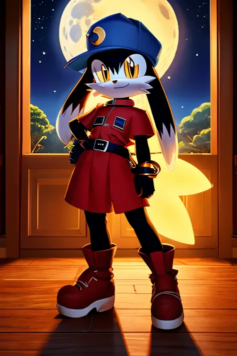 1 furry black Klonoa, wearing blue cap, and red clothes, very long ears, best quality, 8k, 2D, holding golden ring, inside moon crystal palace, night lights
