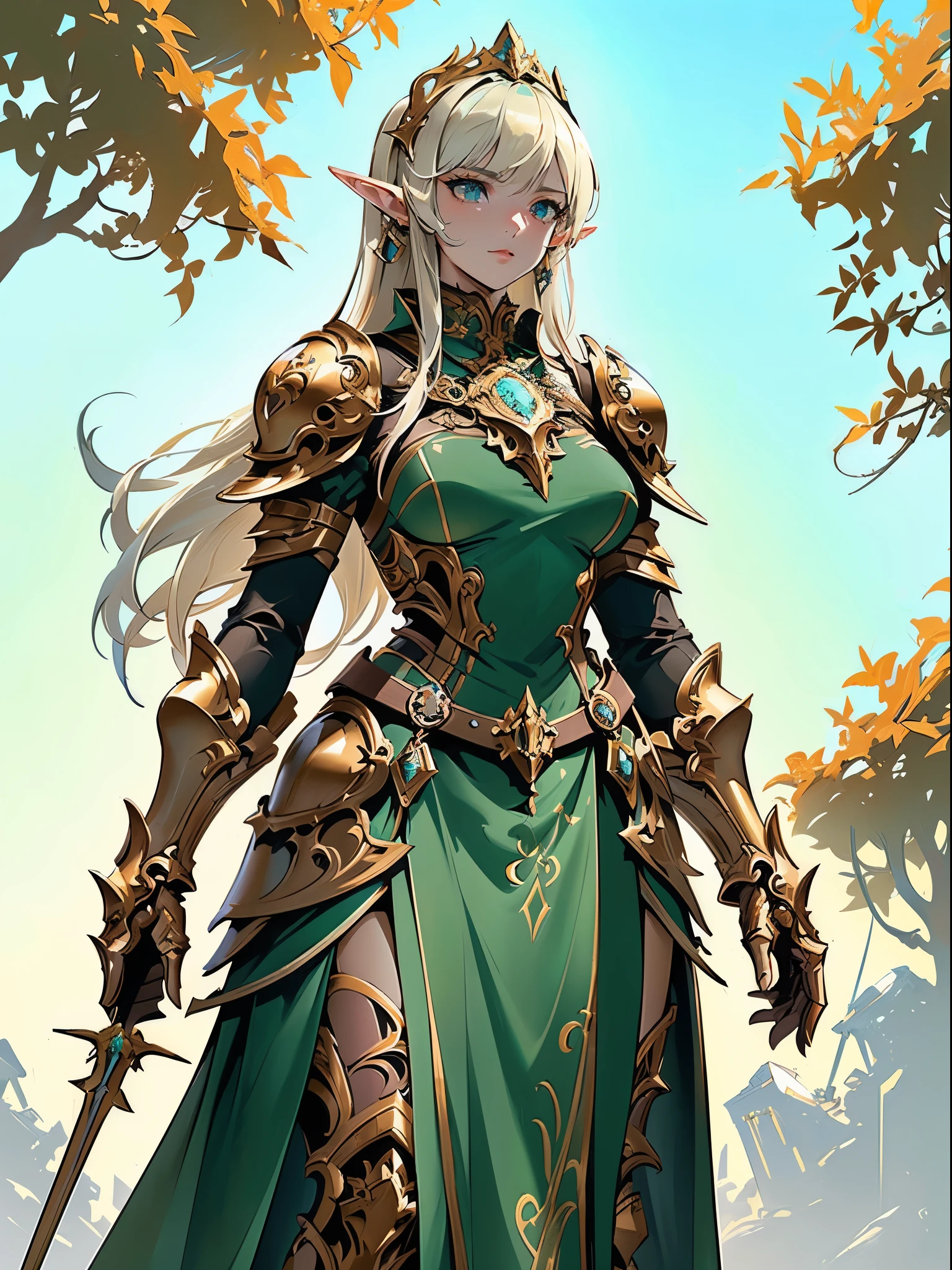 high details, best quality, 8k, [ultra detailed], masterpiece, best quality, (extremely detailed), full body, ultra wide shot, photorealistic, fantasy_world, fantasy art, dnd art, rpg art, realistic art, a wide angle, (((anatomically correct))) a wallpaler of an elf knight, elf warrior, princess knight, shinning knight, ready for battle with her mount (intense details, Masterpiece, best quality: 1.5), female elf (intense details, Masterpiece, best quality: 1.5), ultra detailed face, ultra feminine, fair skin, exquisite beauty, gold hair, long hair, wavy hair, small pointed ears, dynamic eyes color, wearing heavy mech armor, shinning metal, armed with elven sword fantasysword sword, standing near her mount, dynamic mount , green meadows, blue skies background and some clouds background depth of field (intricate details, Masterpiece, best quality: 1.5), full body (intricate details, Masterpiece, best quality: 1.5), high details, best quality, highres, ultra wide angle