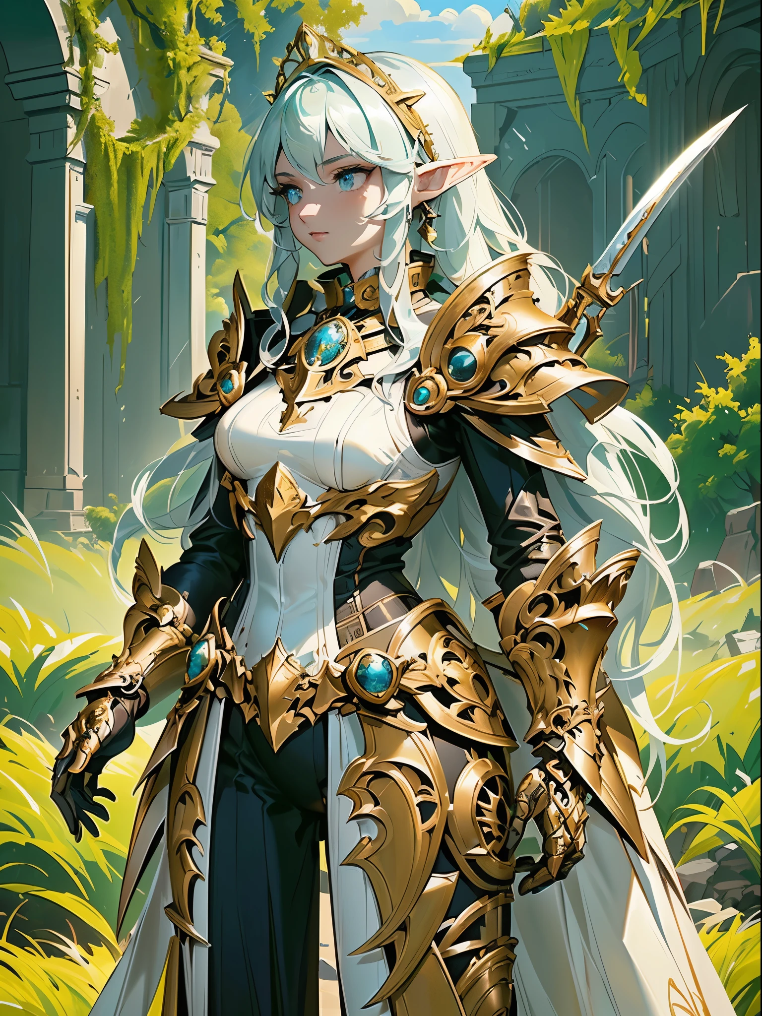 high details, best quality, 8k, [ultra detailed], masterpiece, best quality, (extremely detailed), full body, ultra wide shot, photorealistic, fantasy_world, fantasy art, dnd art, rpg art, realistic art, a wide angle, (((anatomically correct))) a wallpaler of an elf knight, elf warrior, princess knight, shinning knight, ready for battle with her mount (intense details, Masterpiece, best quality: 1.5), female elf (intense details, Masterpiece, best quality: 1.5), ultra detailed face, ultra feminine, fair skin, exquisite beauty, gold hair, long hair, wavy hair, small pointed ears, dynamic eyes color, wearing heavy mech armor, shinning metal, armed with elven sword fantasysword sword, standing near her mount, dynamic mount , green meadows, blue skies background and some clouds background depth of field (intricate details, Masterpiece, best quality: 1.5), full body (intricate details, Masterpiece, best quality: 1.5), high details, best quality, highres, ultra wide angle