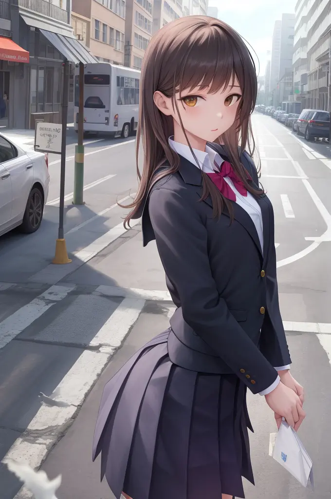 masterpiece, best quality, high quality, 
outdoors, street, 
looking at viewer, cowboy shot, 
school uniform, jacket, 
Mei Mei, ...