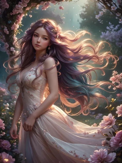 soft lighting, dreamy atmosphere, ethereal aesthetic, fantasy theme, nature elements, floral background, delicate details, flowi...