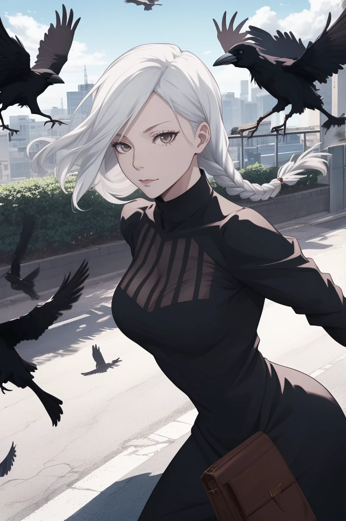 masterpiece, best quality, high quality, 
outdoors, street, 
looking at viewer, 
1woman, white hair, braided, black dress, Mei Mei from Jujutsu Kaisen, crows flying