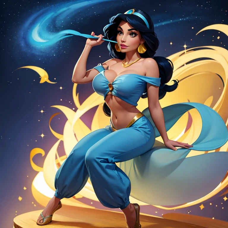 Disney, jasmin, tenue odalisque bleue, chemisier décolleté et pantalon bleu, Poitrine fine, Seins ronds, taille fine, cuisses épaisses.
