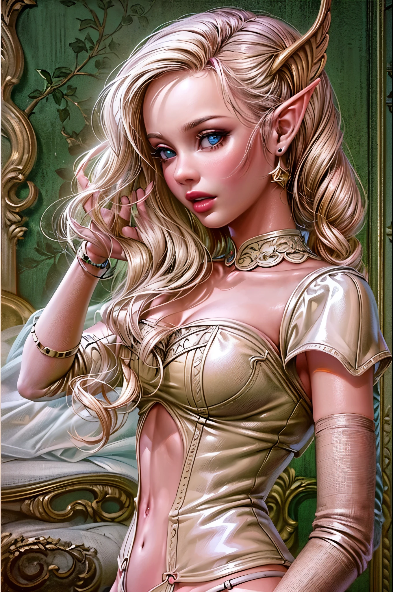 ein Pin-up-Bild von Gothic (Elf: 1.4) (Lebe wie Barbie: 1.5) als Domina-Königin (beste Details, Meisterwerk, beste Qualität :1.5), Extrem detailliert face (beste Details, Meisterwerk, beste Qualität :1.5), ultrafeminin (beste Details, Meisterwerk, beste Qualität :1.5), trägt ein rosa Latex-Minikleid, rosa Strümpfe, rosa High Heels, kleine Elfenohren, lange geflochtene Haare, Haare zurückgekämmt, blondes Haar, moderner Schlafzimmerhintergrund (beste Details, Meisterwerk, beste Qualität :1.5), ultra beste realistische Bilder , beste Details, beste Qualität, 16k, [Extrem detailliert], Meisterwerk, beste Qualität, (Extrem detailliert), Ultraweite Aufnahme, Fotorealismus, Tiefenschärfe, hyperrealistische Malerei