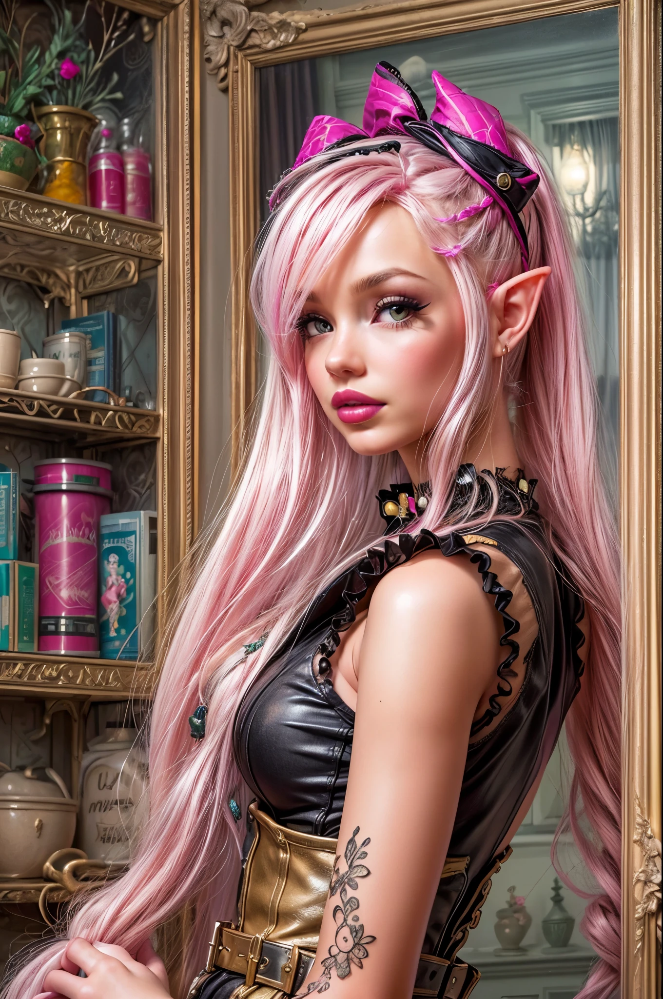 uma foto pin up do gótico (duende: 1.4) (Viva como a Barbie: 1.5) como uma rainha dominadora (Melhores detalhes, Obra de arte, melhor qualidade :1.5), ultra detalhado face (Melhores detalhes, Obra de arte, melhor qualidade :1.5), ultra feminine (Melhores detalhes, Obra de arte, melhor qualidade :1.5), usando minivestido rosa de látex, meias rosa, Salto alto rosa, pequenas orelhas de elfo, cabelo longo trançado, cabelo puxado para trás, cabelo loiro, fundo de quarto moderno (Melhores detalhes, Obra de arte, melhor qualidade :1.5), ultra melhores imagens realistas , Melhores detalhes, melhor qualidade, 16K, [ultra detalhado], Obra de arte, melhor qualidade, (extremamente detalhado), foto ultra ampla, fotorrealismo, profundidade de campo, pintura hiper realista