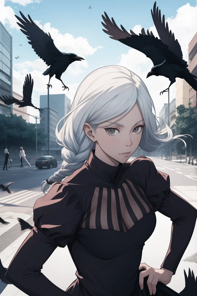 masterpiece, best quality, high quality, 
outdoors, street, 
looking at viewer, 
1woman, white hair, braided, black dress, Mei Mei from Jujutsu Kaisen, crows flying