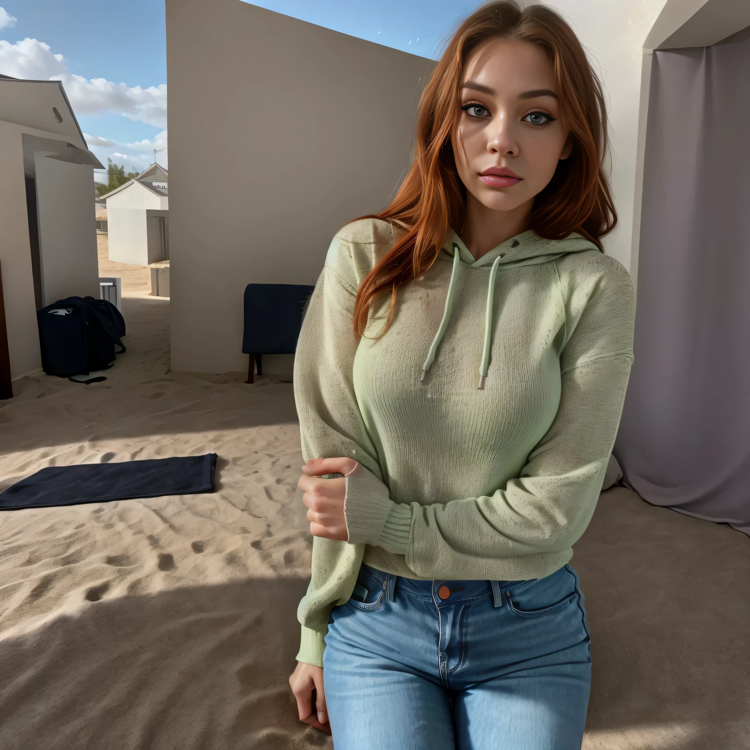 A woman in a green sweater and jeans poses for a picture - SeaArt AI