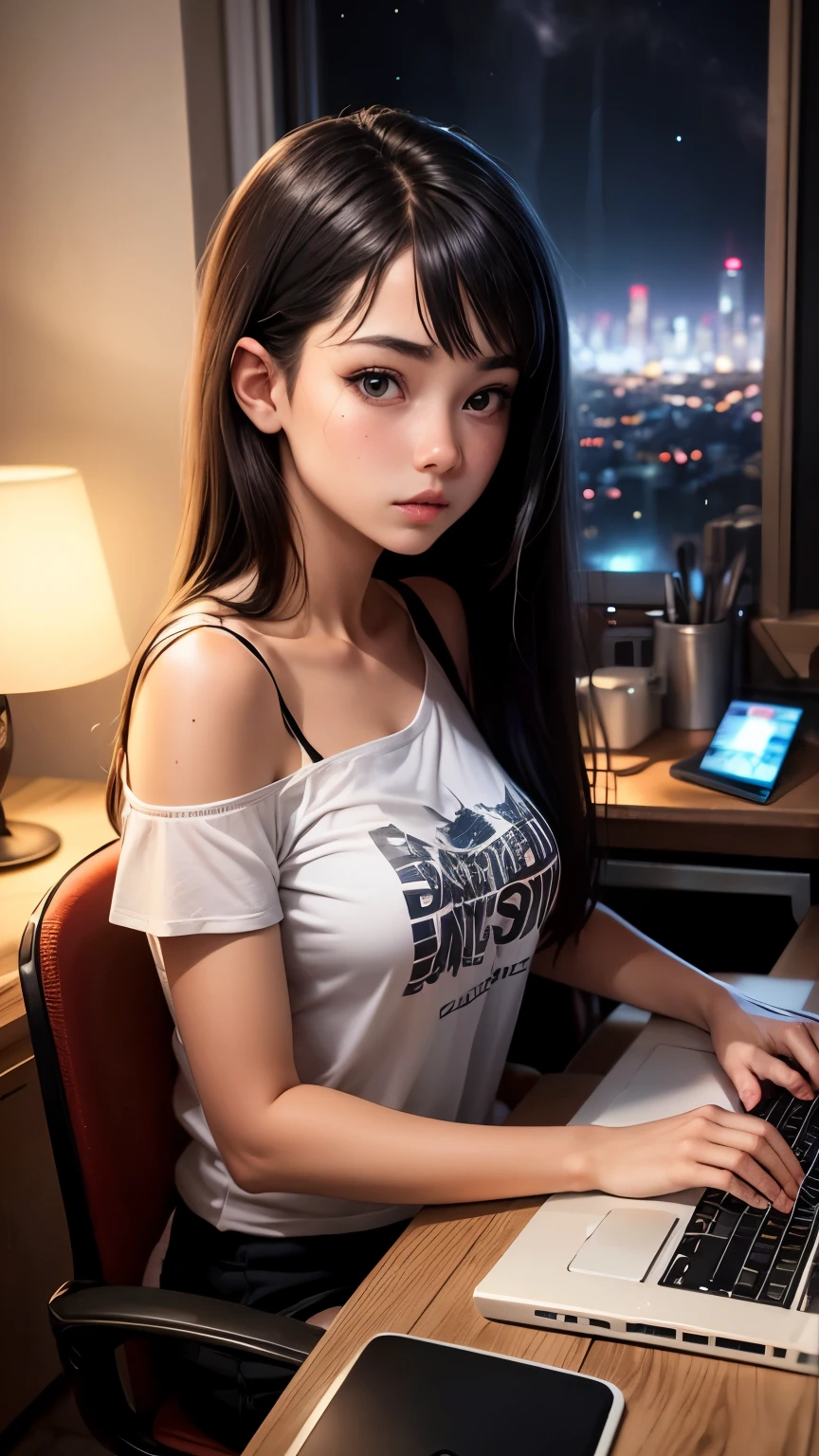 beautiful, realistic, kawaii girl with dark straight hair sitting at the computer and typing on the keyboard, high detailing of the interior, T-shirt slipped and open shoulder, outside the window is a night city. and a table lamp burns on the table.