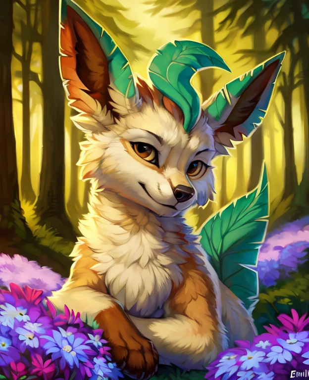 Allein, leafeon, Porträt, (wild), Pfoten, Betrachter betrachten, anatomisch korrekt, ((symmetrisch)), Wald, Blume,  detaillierter Hintergrund, Meisterwerk, beste Qualität, by hioshiru, snowskau, Abonnieren, von Enki Bilal, Michael & Inessa Garmash, Ruan Jia, Pino Daeni,