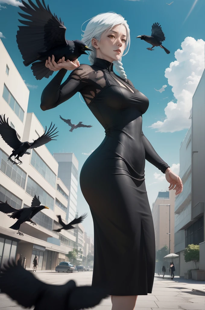 masterpiece, best quality, high quality, 
outdoors, street, 
looking at viewer, 
1woman, white hair, braided, black dress, Mei Mei from Jujutsu Kaisen, crows flying