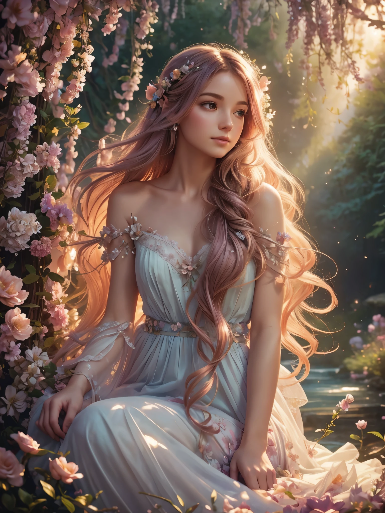 sanfte Beleuchtung, verträumte Atmosphäre, ätherische Ästhetik, Fantasy-Thema, Naturelemente, Blumenhintergrund, feine Details, wallende Haare, wunderliche Pose, leuchtende Farben, Sitzung