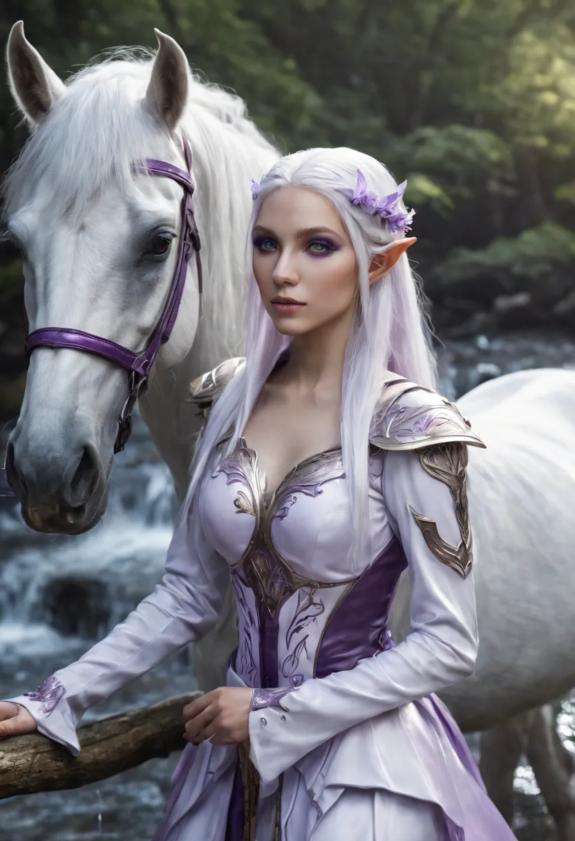 Unicorn Anthropomorphic Elf Female High detail White hair Purple pupils , in nature , waterfall , horses drinking from a river
