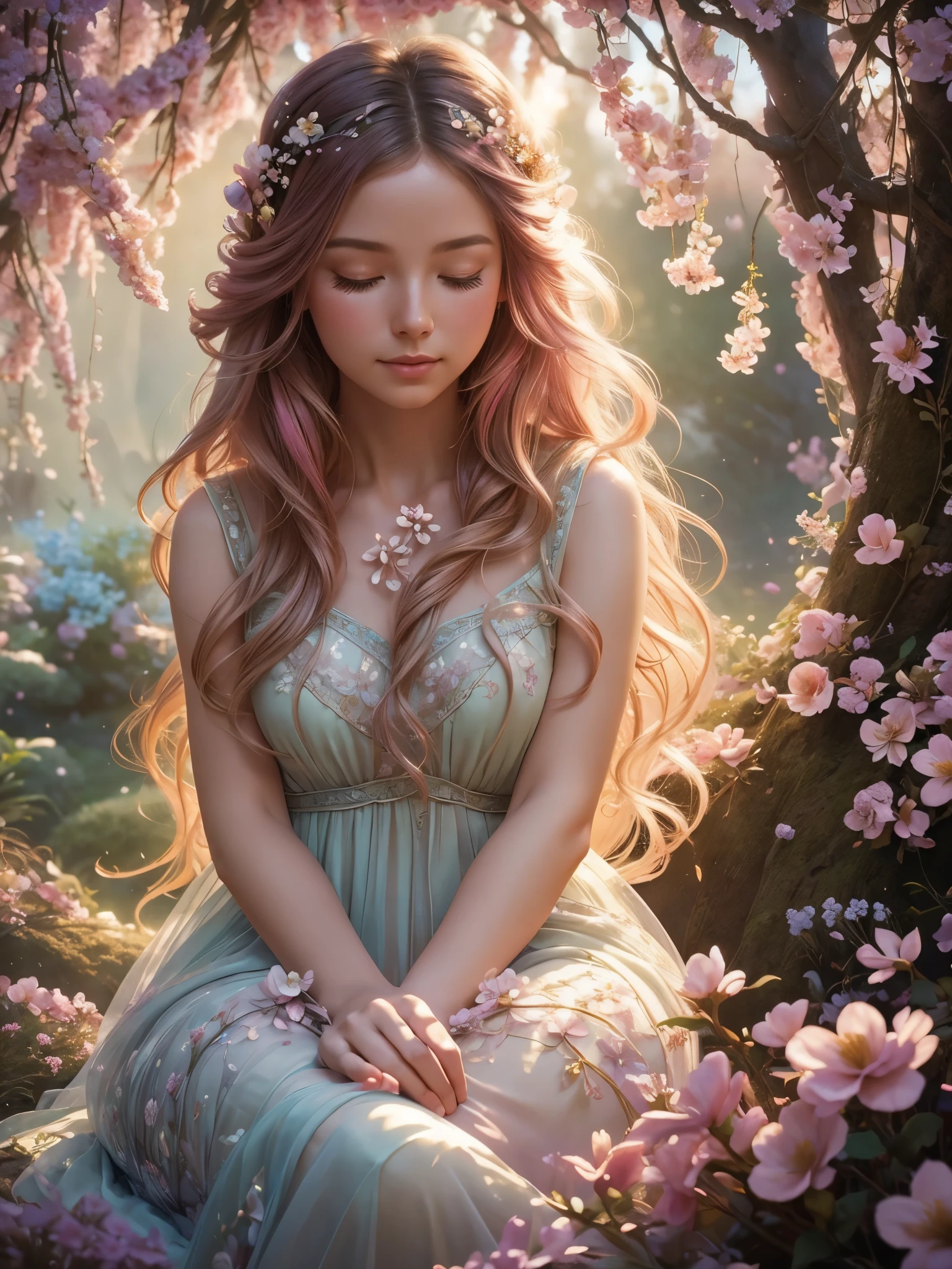 soft lighting, dreamy atmosphere, ethereal aesthetic, fantasy theme, nature elements, floral background, delicate details, flowing hair, whimsical pose, vibrant colors, sitting, hands folded, eyes closed