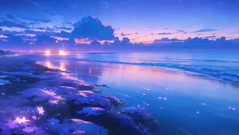 beautiful sea in the night with a lot of stars and clouds romantic and nostalgic, purple and violet