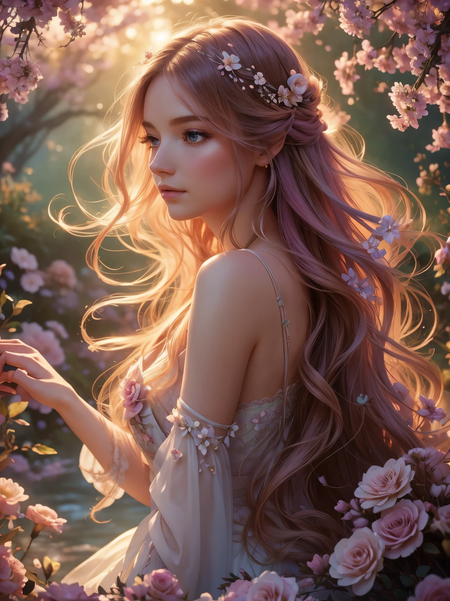 soft lighting, dreamy atmosphere, ethereal aesthetic, fantasy theme, nature elements, floral background, delicate details, flowing hair, whimsical pose, vibrant colors, close up