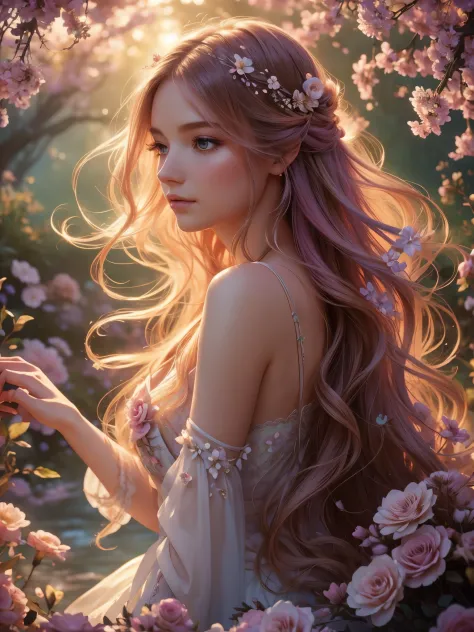 soft lighting, dreamy atmosphere, ethereal aesthetic, fantasy theme, nature elements, floral background, delicate details, flowi...