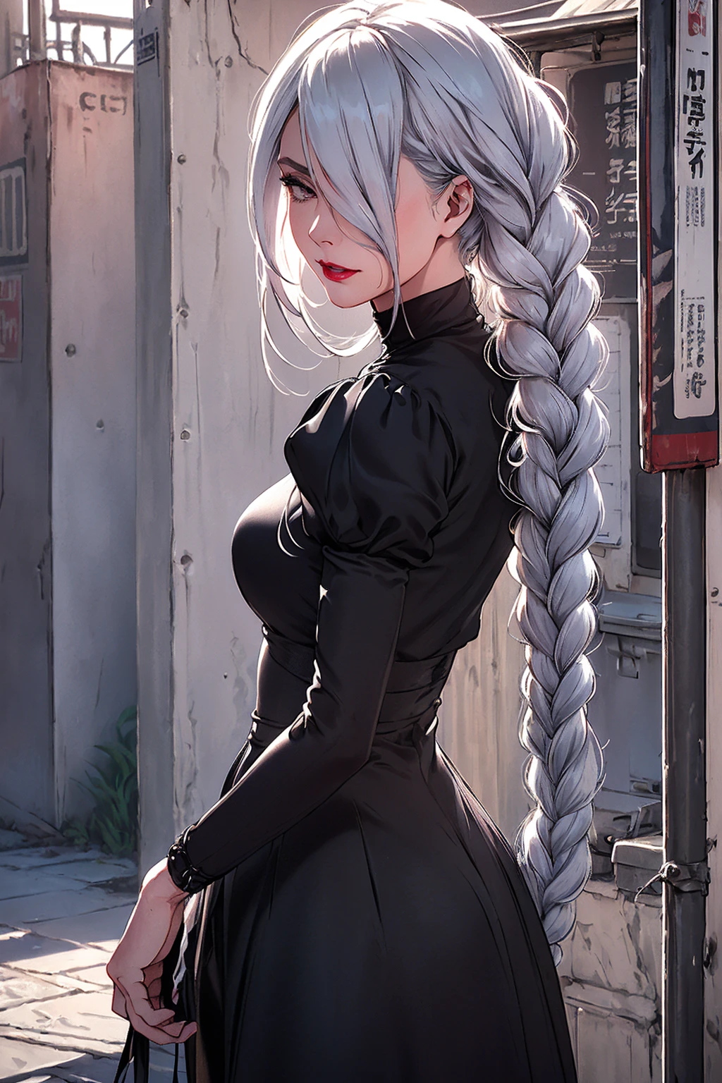 ultra realistic 8k cg, masterpiece, ((ultra detailed background, delicate pattern, intricate detail)), (highly detailed, fine detailest quality, 1girl, (photorealistic:1.4),beautiful lighting,  absurdres, RAW photo, film grain, ((medium breasts, slim girl)), 1girl, MeiMei, solo, long hair, braid, dress, hair over one eye, smile, long sleeves, braided bangs, black dress, braided ponytail, white hair, puffy sleeves, holding, turtleneck dress, makeup, grey hair, red lips, one eye covered, lipstick, parted lips, single braid, (complex detailed background, outside,  environment, cowboy shot, from behind),