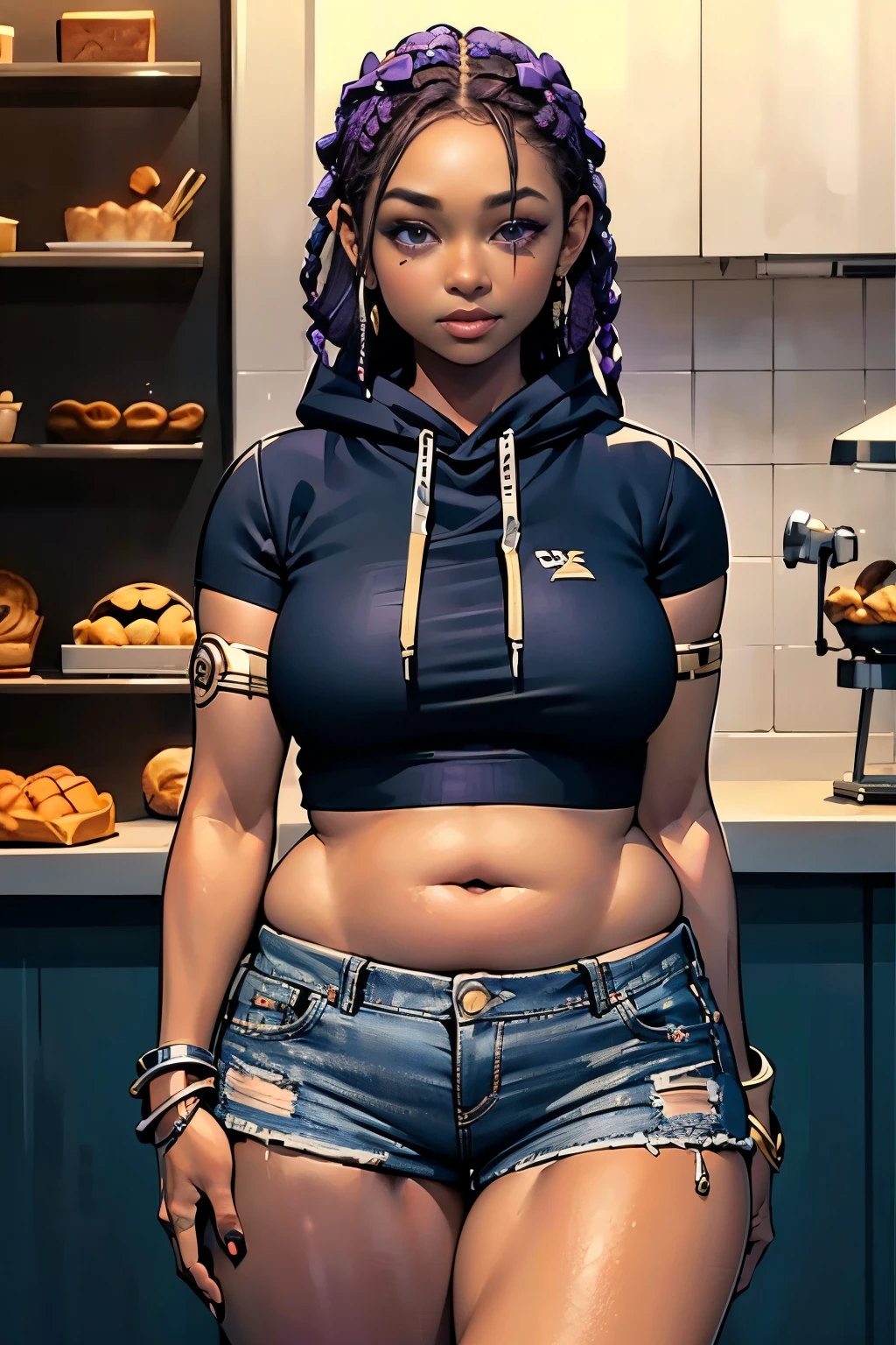 1girl, official anime art illustration, (long ((violet)) dreadlocks), violet eyes, rounded nose, cat eye makeup, ((tall plump dark-skinned older Caribbean woman inside bakery next to fresh pastries)), small breasts, (wearing watermelon motif cropped hoodie), tattoo above navel, golden armlets and bracelets, dark ripped skinny jean shorts, plump thighs, excited expression, holding coffee in hand, perfectly photorealistic, incredibly detailed, 8k, UHD, masterpiece, best quality, ultra detailed, intricate,