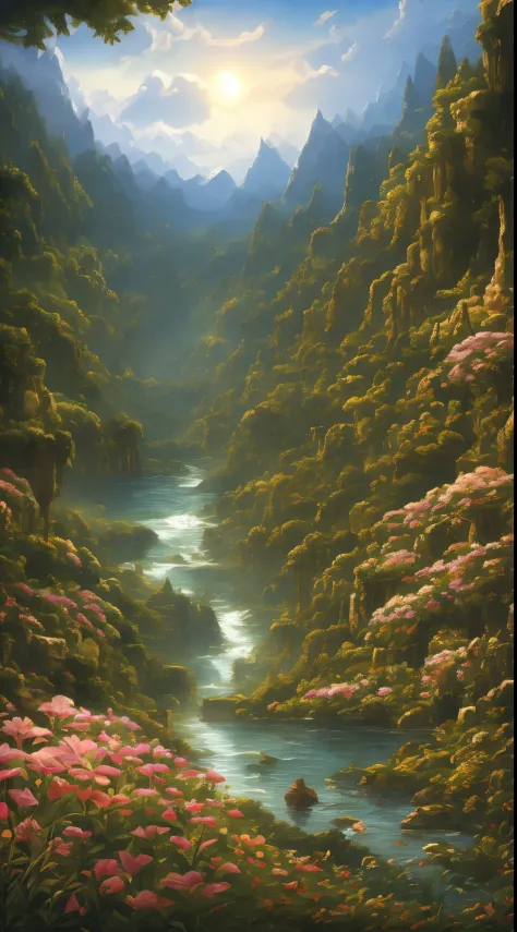 a magical landscape in green, turquoise, gold und rosa. A sparkling river winds through the landscape. das Wasser ist klar und t...