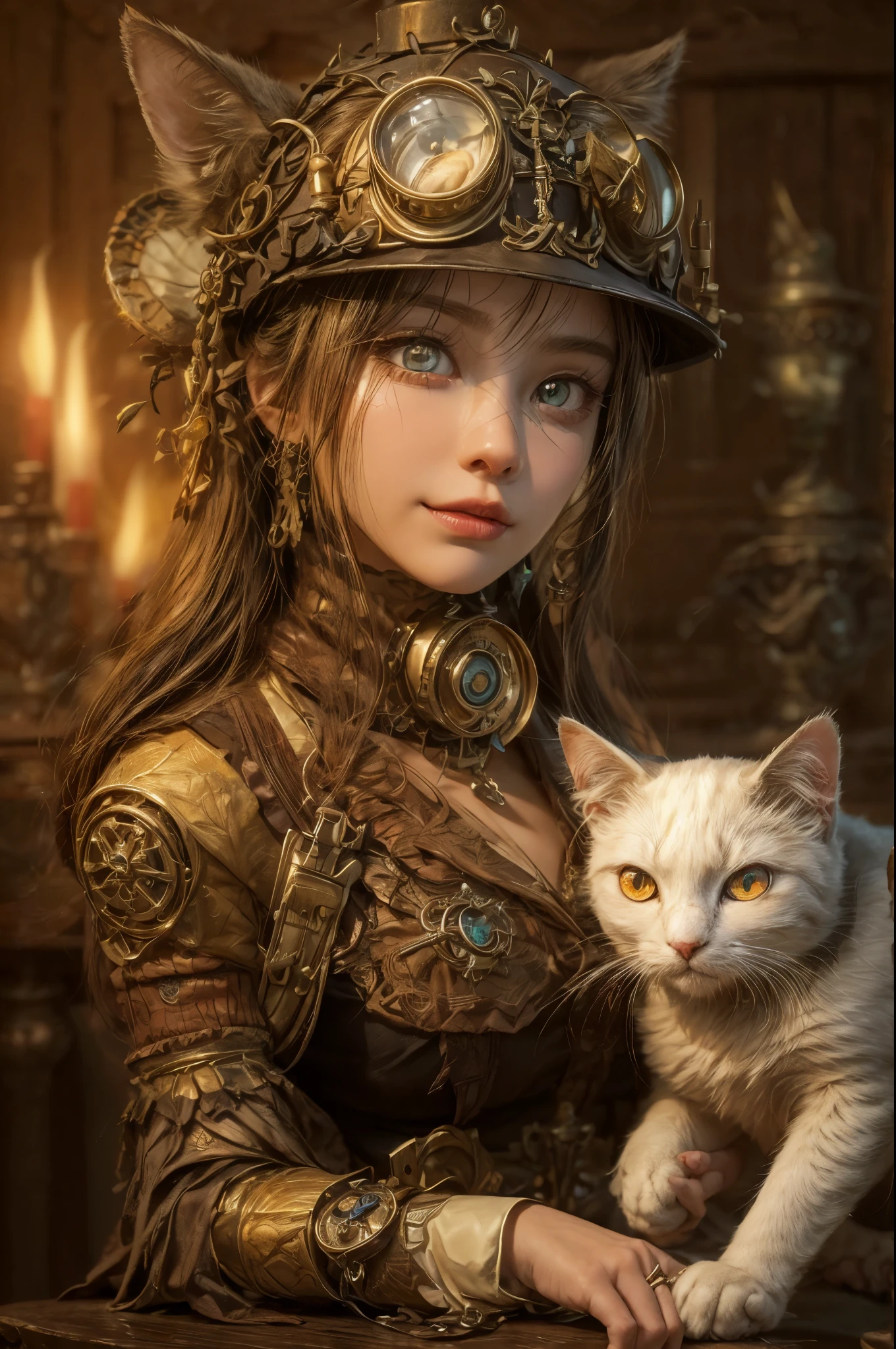 ( 3D rendering,steampunk Girl,beautiful detailed eyes, And a Robot cat with glowing eyes,antique brass and leather,wooden furniture,flickering candlelight,warm color palette,highres),slight smile on her lips".