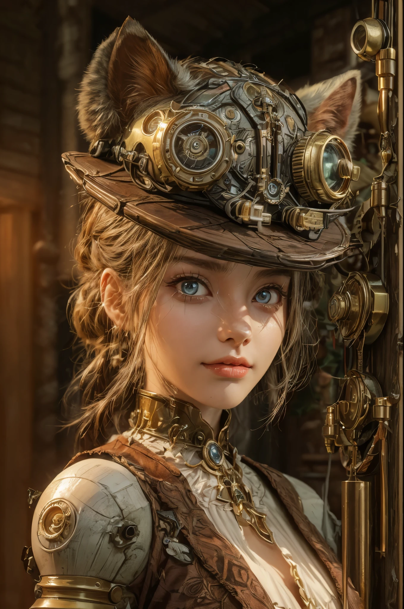 ( 3D-Rendering,steampunk Girl,Schöne, detaillierte Augen, Und eine Roboterkatze mit leuchtenden Augen,antikes Messing und Leder,Holzmöbel,flackerndes Kerzenlicht,warme Farbpalette,highres),leichtes Lächeln auf ihren Lippen".