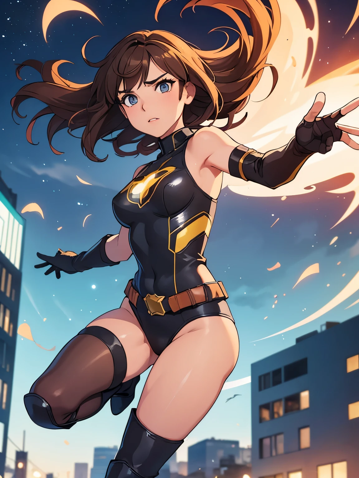 1girl, medium breasts, leotard, bare legs, tight belt, boots, matching boots, gloves, city backdrop, solo, single, full body shot, cowboy shot, superhero, beautiful detailed eyes, mature lady, star symbol on chest, brown hair, high leg leotard, spinning her body in rapid speed like a tornado, wind swirls, rapid gyration, girl tornado spinning girl, turning to a whirlwind 