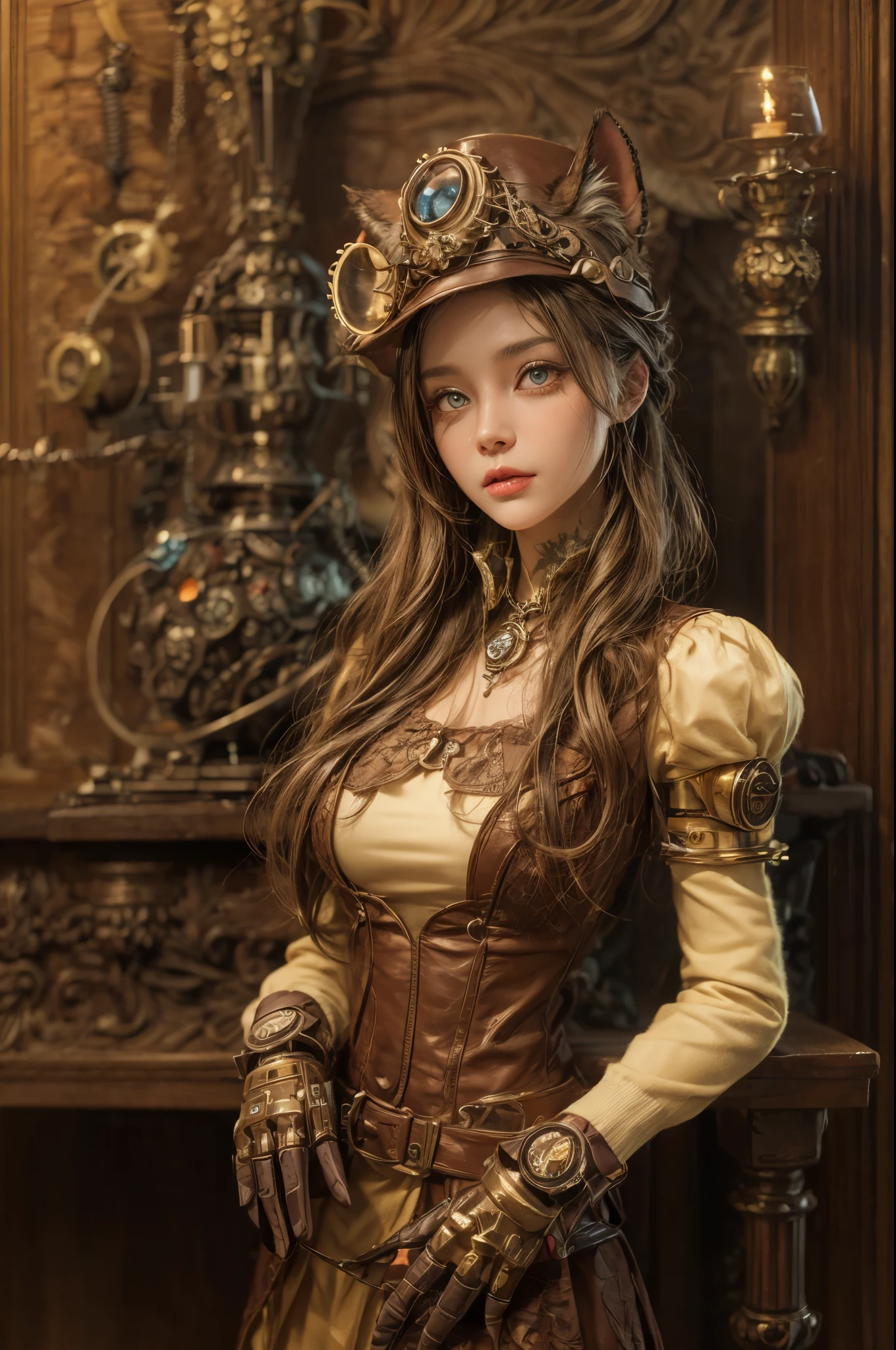 3D rendering,steampunk Girl,beautiful detailed eyes, And a Robot cat with glowing eyes,antique brass and leather,wooden furniture,flickering candlelight,warm color palette,highres,full Body, slight smile on her lips".