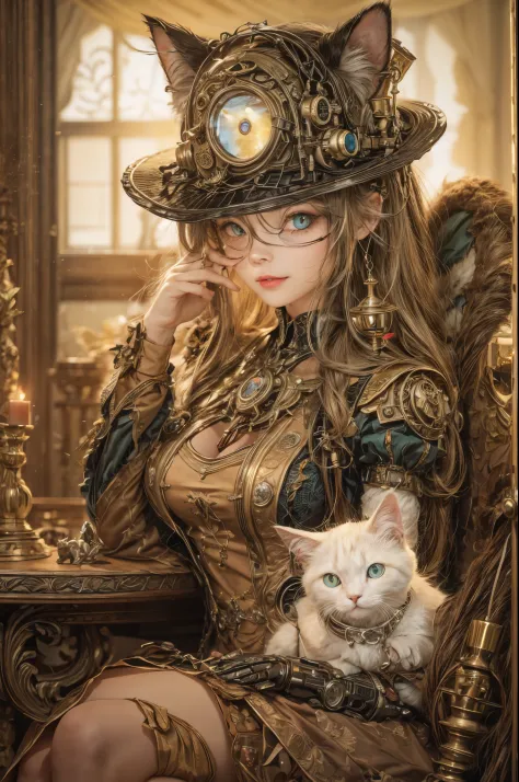 3D rendering,steampunk Girl,beautiful detailed eyes, And a Robot cat with glowing eyes,antique brass and leather,wooden furnitur...