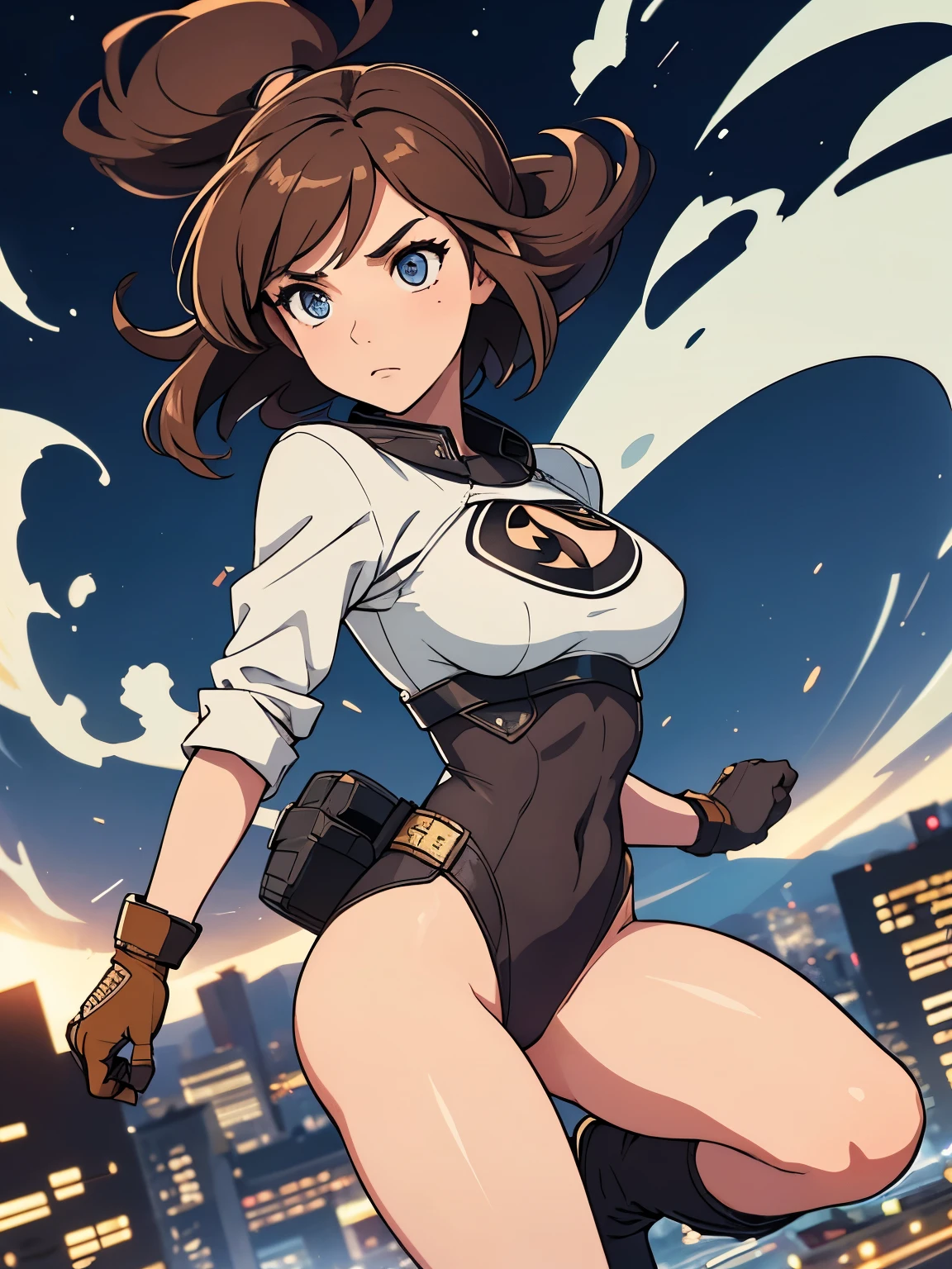 1girl, medium breasts, leotard, bare legs, tight belt, boots, matching boots, gloves, city backdrop, solo, single, full body shot, cowboy shot, superhero, beautiful detailed eyes, mature lady, star symbol on chest, brown hair, high leg leotard, spinning her body in rapid speed like a tornado, wind swirls, rapid gyration, girl tornado spinning girl, turning to a whirlwind 