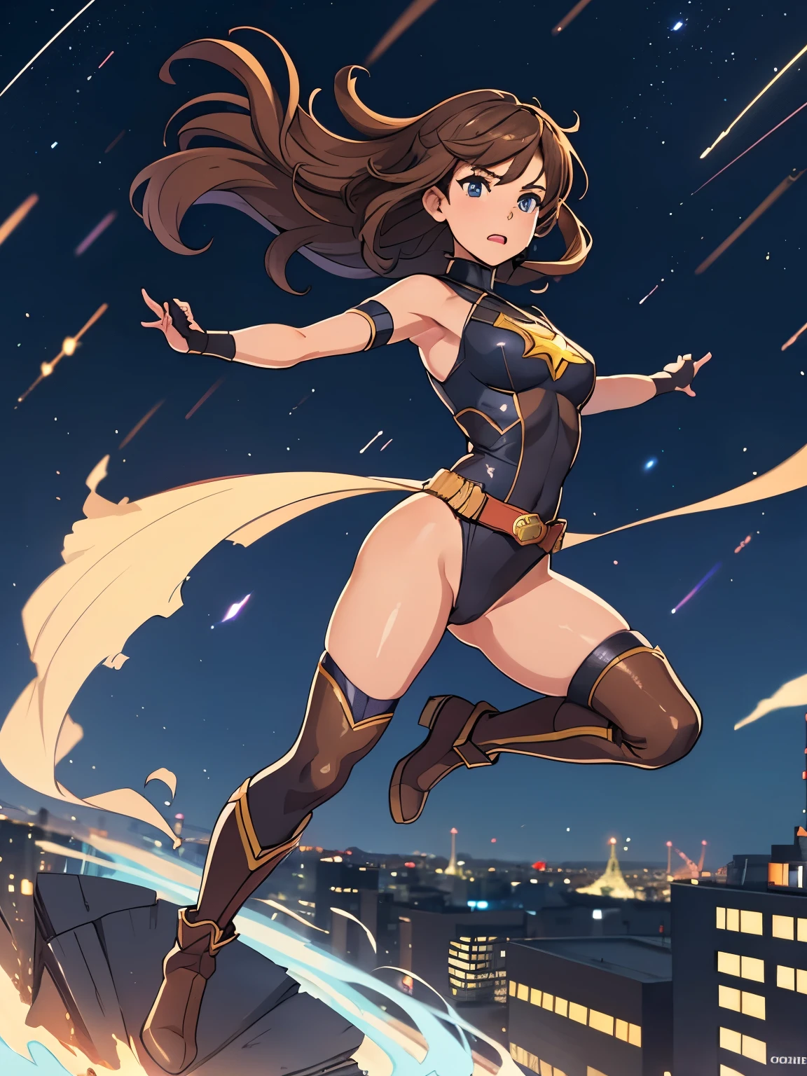 1girl, medium breasts, leotard, bare legs, tight belt, boots, matching boots, gloves, city backdrop, solo, single, full body shot, cowboy shot, superhero, beautiful detailed eyes, mature lady, star symbol on chest, brown hair, high leg leotard, spinning her body in rapid speed like a tornado, wind swirls, rapid gyration, girl tornado spinning girl, turning to a whirlwind, outstretched arms 