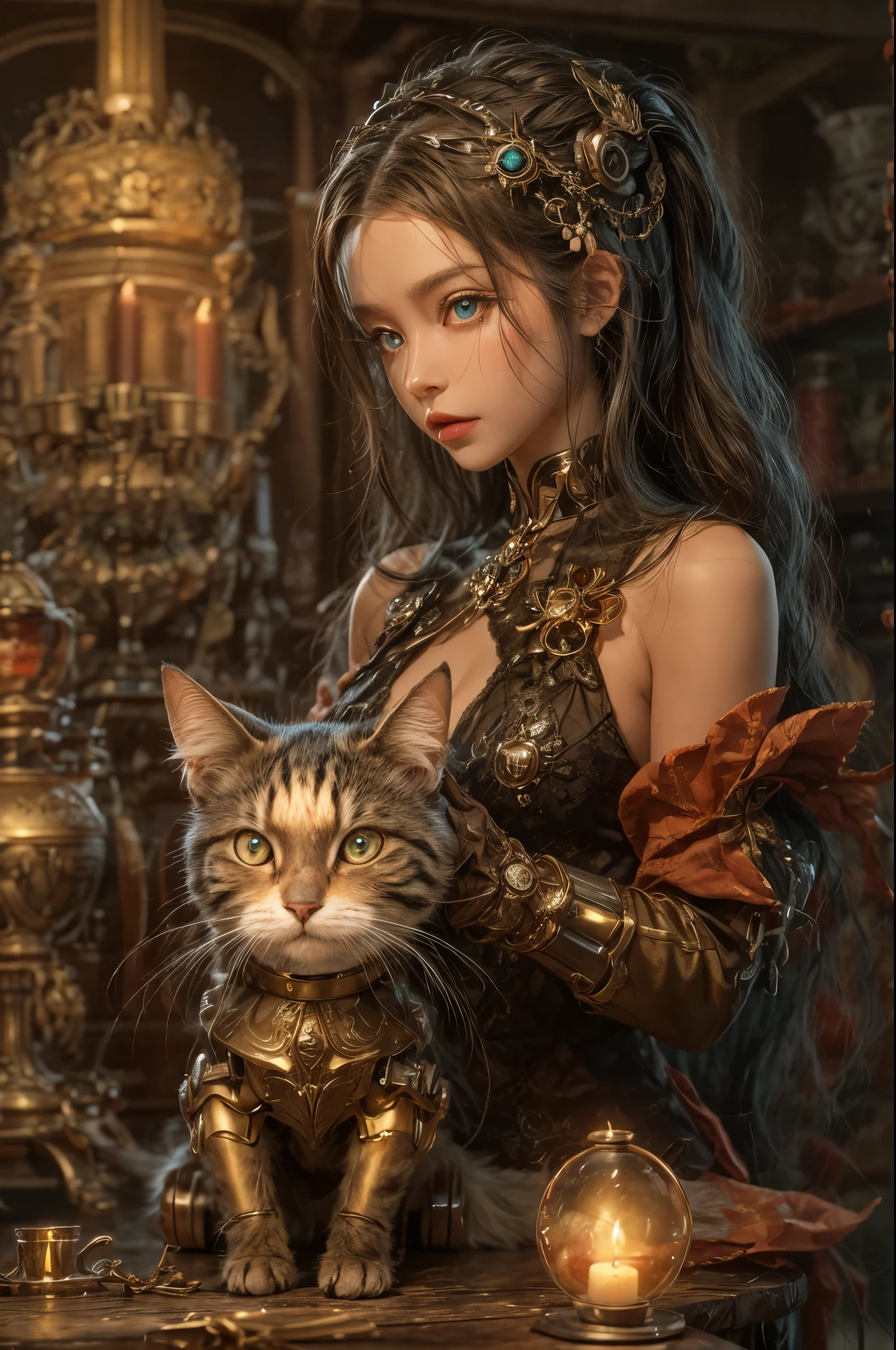 3D rendering,steampunk Girl,beautiful detailed eyes, And a Robot cat with glowing eyes,antique brass and leather,wooden furniture,flickering candlelight,warm color palette,highres,full Body, slight smile on her lips".