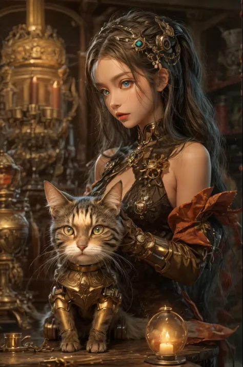 3d rendering,steampunk girl,beautiful detailed eyes, and a robot cat with glowing eyes,antique brass and leather,wooden furnitur...