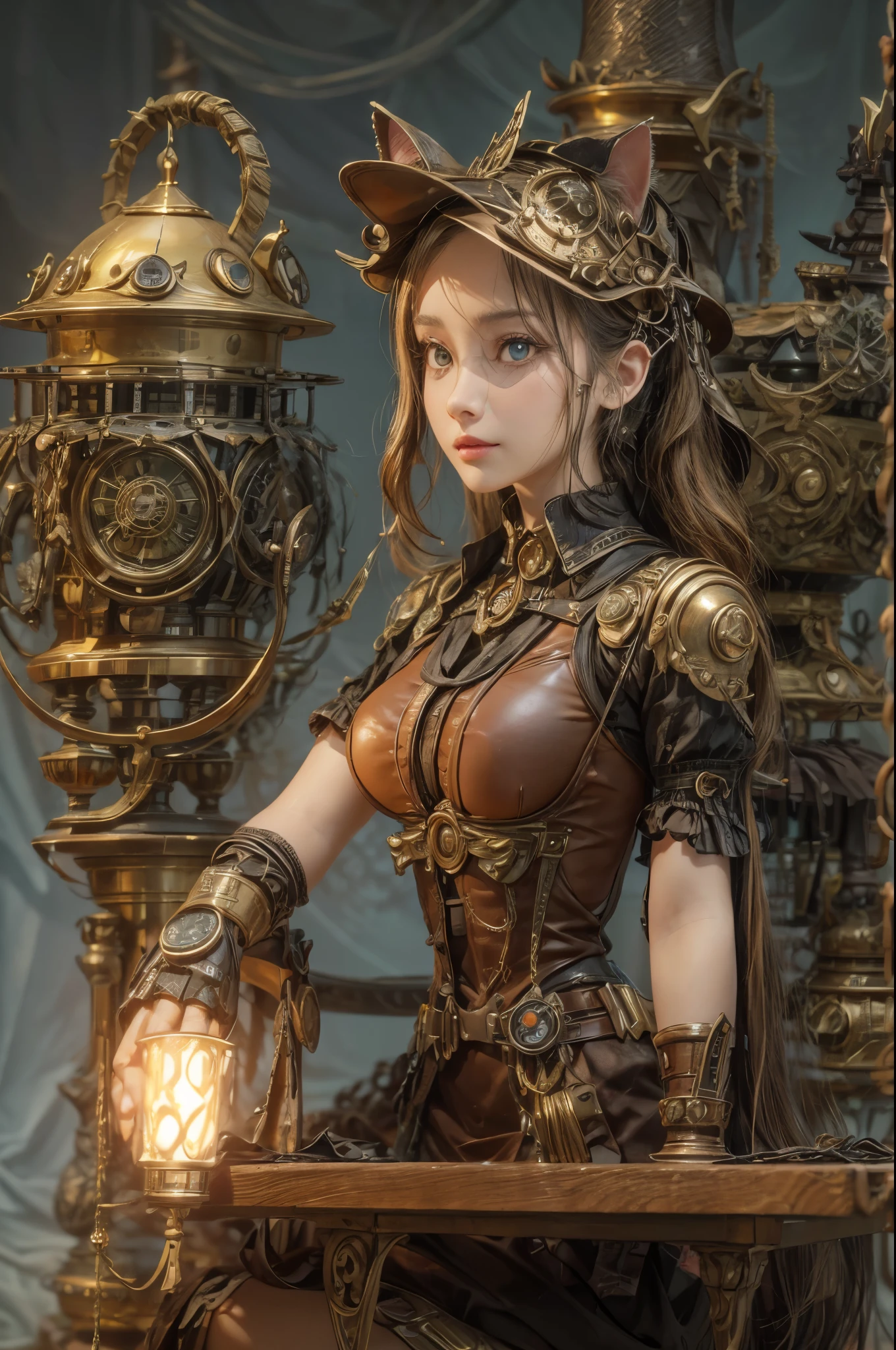 3D rendering,steampunk Girl,beautiful detailed eyes, And a Robot cat with glowing eyes,antique brass and leather,wooden furniture,flickering candlelight,warm color palette,highres,full Body, slight smile on her lips".