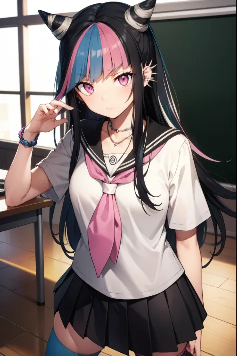 ibukimioda, ibuki mioda, black hair, blue hair, hair horns, ear piercing, lip piercing, long hair, multicolored hair, (pink eyes...