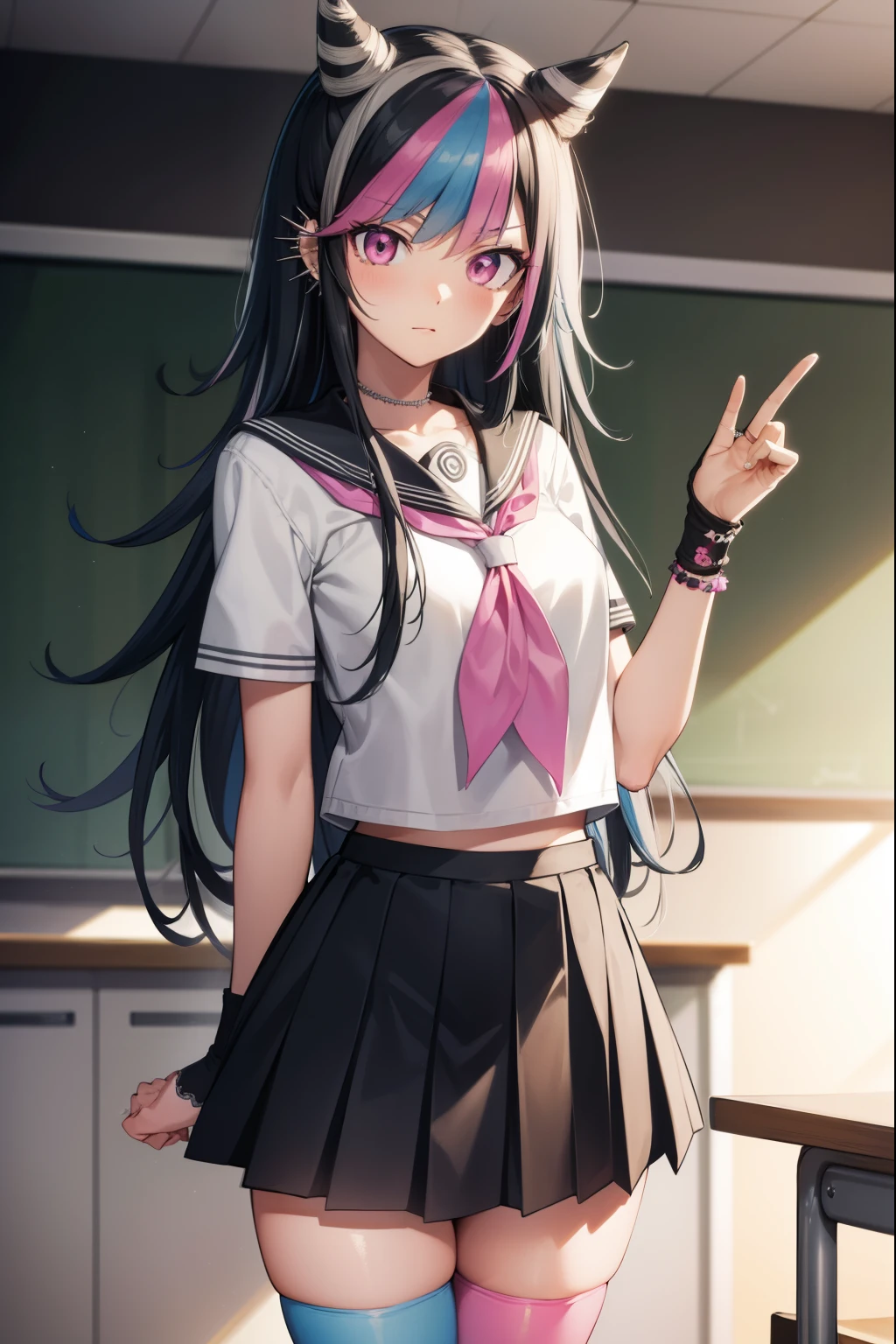 ibukimioda, ibuki mioda, black hair, blue hair, hair horns, ear piercing, lip piercing, long hair, multicolored hair, (pink eyes:1.5), pink hair, white hair,
BREAK asymmetrical legwear, black skirt, blue thighhighs, jewelry, mismatched legwear, neckerchief, necklace, piercing, pleated skirt, ring, school uniform, serafuku, shirt, skirt, thighhighs, torn clothes, torn thighhighs, zettai ryouiki,
BREAK looking at viewer,
BREAK indoors, classroom,
BREAK (masterpiece:1.2), best quality, high resolution, unity 8k wallpaper, (illustration:0.8), (beautiful detailed eyes:1.6), extremely detailed face, perfect lighting, extremely detailed CG, (perfect hands, perfect anatomy),