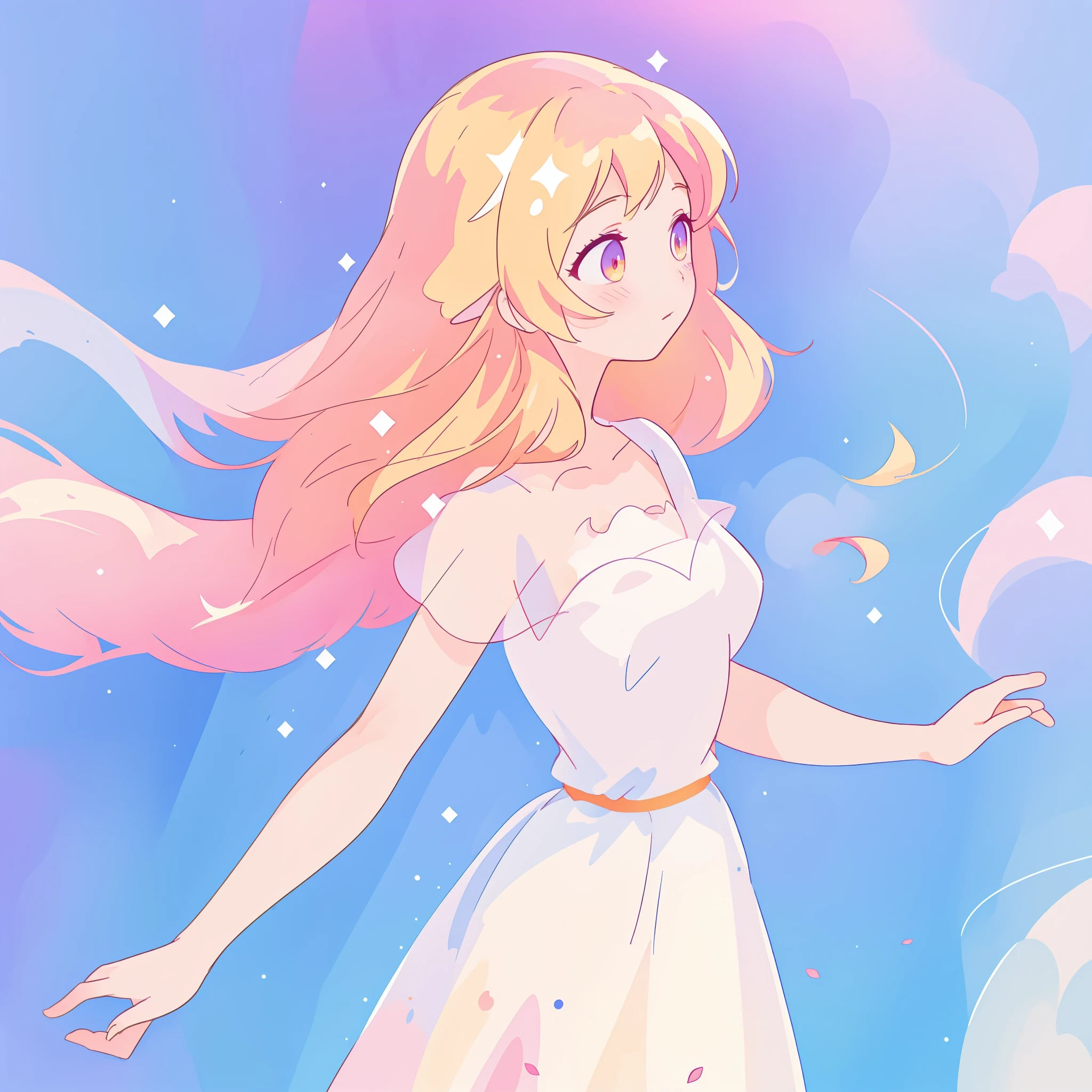 beautiful girl in pale pink ballgown, fairy dress, long peach and golden hair, watercolor illustration, inspired by Glen Keane, inspired by Lois van Baarle, disney art style, by Lois van Baarle, glowing aura around her, by Glen Keane, jen bartel, glowing lights! digital painting, flowing glowing hair, glowing flowing hair, beautiful digital illustration, fantasia otherworldly landscape plants flowers, beautiful, masterpiece, best quality, anime disney style