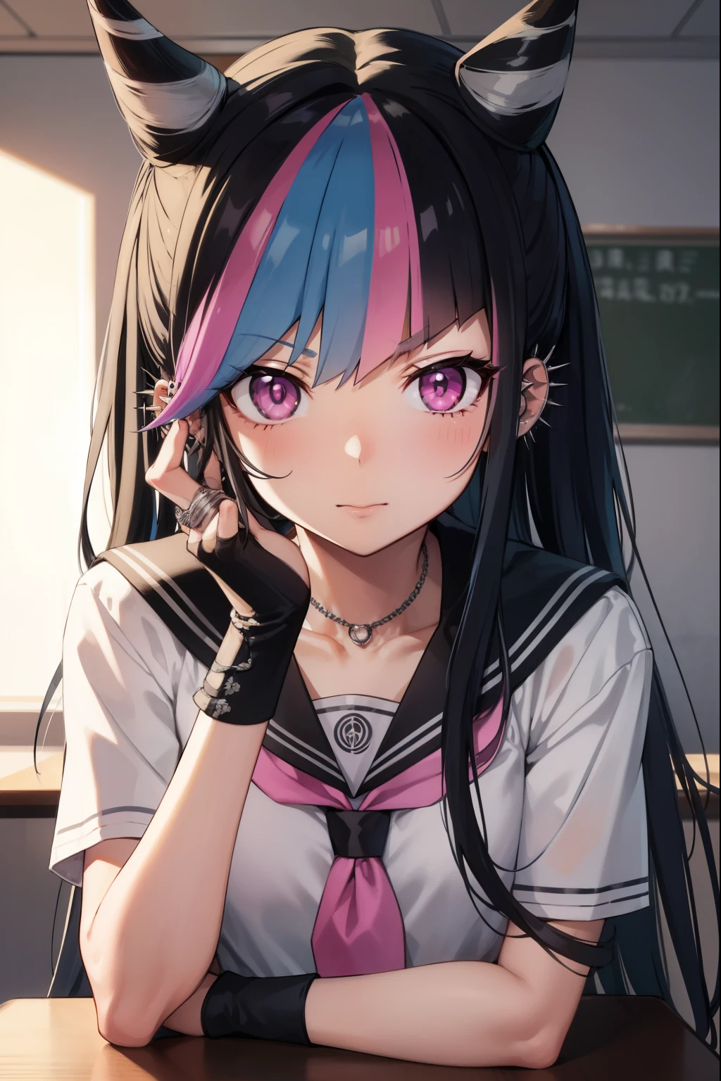 ibukimioda, ibuki mioda, black hair, blue hair, hair horns, ear piercing, lip piercing, long hair, multicolored hair, (pink eyes:1.5), pink hair, white hair,
BREAK asymmetrical legwear, black skirt, blue thighhighs, jewelry, mismatched legwear, neckerchief, necklace, piercing, pleated skirt, ring, school uniform, serafuku, shirt, skirt, thighhighs, torn clothes, torn thighhighs, zettai ryouiki,
BREAK looking at viewer,
BREAK indoors, classroom,
BREAK (masterpiece:1.2), best quality, high resolution, unity 8k wallpaper, (illustration:0.8), (beautiful detailed eyes:1.6), extremely detailed face, perfect lighting, extremely detailed CG, (perfect hands, perfect anatomy),