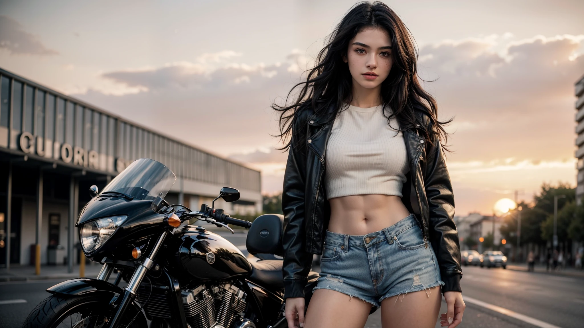 a gorgeous 20 years old European woman, black wavy hair,  standing on the road, motorbike in the background, white cotton crop top, super short denim shorts, leather jacket, Looking at the camera, full body pics (in the sunset light:1.2),
perfect eyes, perfect hands, perfect body, perfect hair, perfect breast, hair behind ear, blurry foreground, UHD, retina, masterpiece, accurate, anatomically correct, textured skin, super detail, high details, high quality, award winning, best quality, highres, 16k, 8k