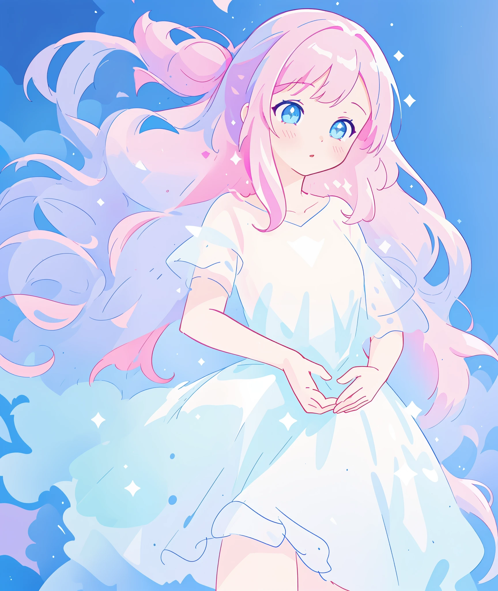 beautiful girl,  white ballgown, vibrant pastel colors, (colorful), long flowing liquid pink hair, magical lights, sparkling magical liquid, inspired by Glen Keane, inspired by Lois van Baarle, disney art style, by Lois van Baarle, glowing aura around her, by Glen Keane, jen bartel, glowing lights! digital painting, flowing glowing hair, glowing flowing hair, beautiful digital illustration, fantasia background, whimsical, magical, fantasy, ((masterpiece, best quality)), intricate details, highly detailed, sharp focus, 8k resolution, sparkling detailed eyes, liquid watercolor
