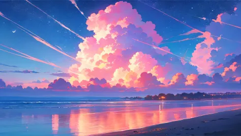 beautiful sea in the night with a lot of stars and clouds romantic and nostalgic, pink and red