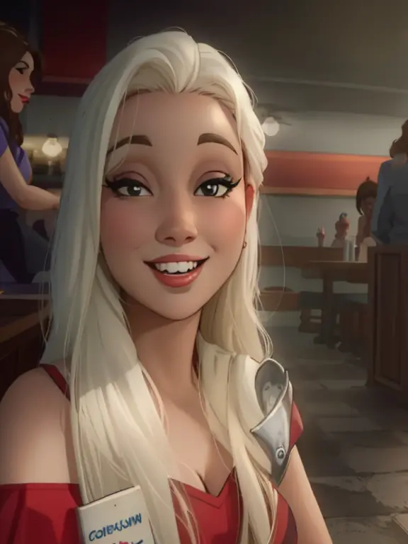 blonde woman with long white hair smiling at the camera in a restaurant, imagem de perfil, powder Nándor Katona, lorena avarez, ...