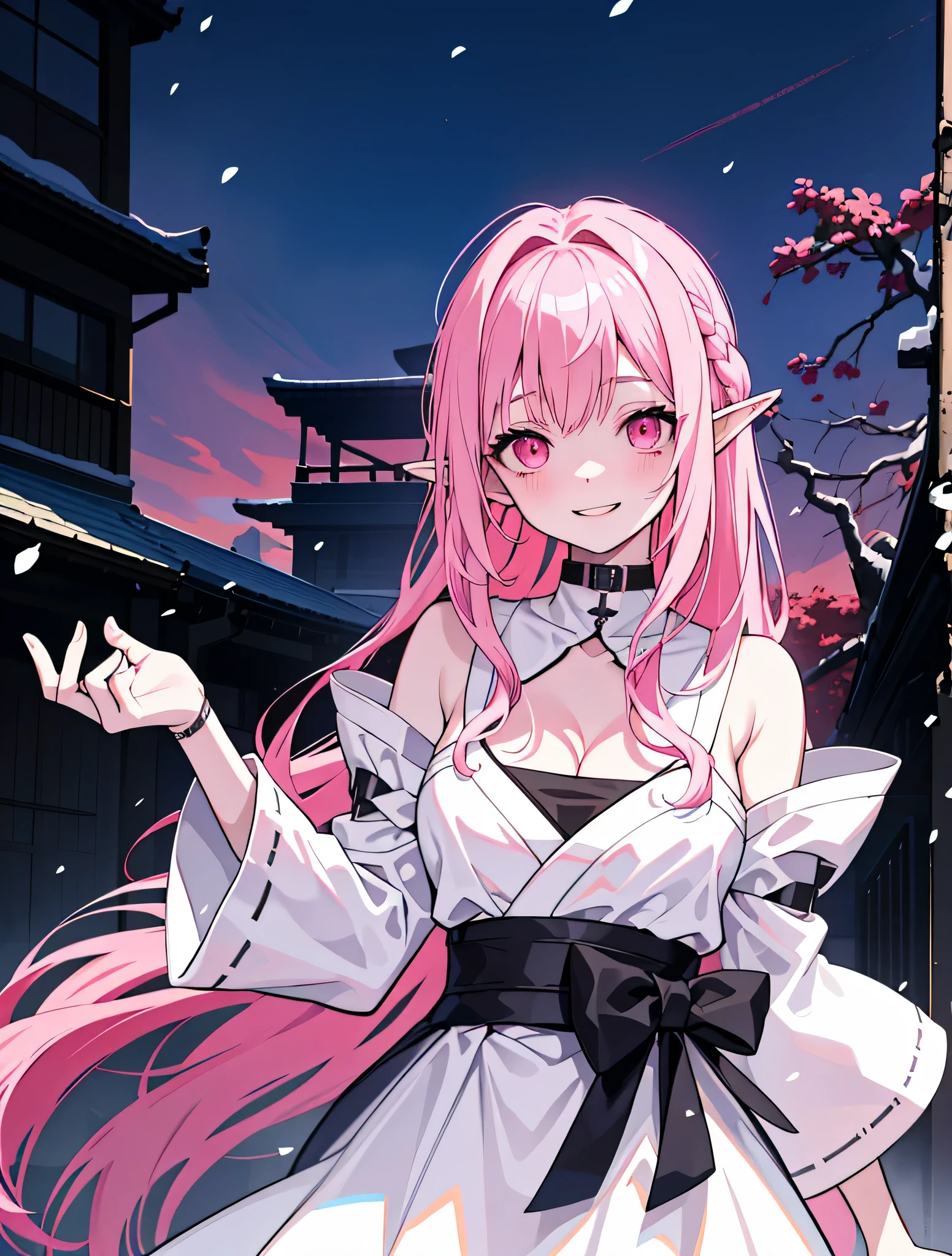 original character,8K, masterpiece, highest quality,become familiar with, Beautiful become familiar with Eyes,,cinematic composition,16 years old,1 snow girl,alone,pink eyes,pink hair, long hair,鋭いteeth,big breasts,(Show belly,Naked belly),(Only white Serafuku,sleeveless,black collar),(cleavage),(Japanese school white skirt),barefoot,elf ears,blush,((standing in front a stones ruins in night,Cute ghosts around)),night,white skin,colored skin,crazy eyes,crazy smile, face with shadow,yandere, yandere trance,teeth,closed mouth,Upper body,head and Upper body,