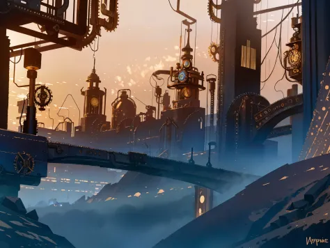 (steampunk:1.5), city street landscape, bridges, fog