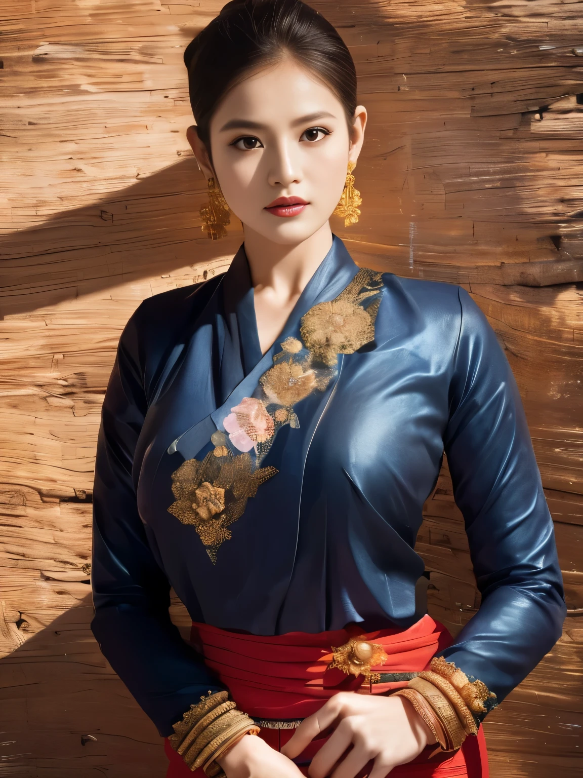 Hermosa chica vestida con traje de Lanna del norte de Tailandia, Traje tradicional Tai Khun, usando brazalete, necklace and pendientes, pechos grandes, escote profundo, mejor calidad, Obra maestra, ilustración, muy delicado y hermoso, Muy detallado, cg, unidad, fondos de pantalla 8k, Asombroso, buen detalle, highly detailed cg unidad fondos de pantalla 8k, tamaño de archivo enorme, Muy detallado, alta resolución, Hermosa mujer detallada, Muy detallado eyes and face,  Impresionantes ojos detallados, Luz en la cara, (Best ilustración: 1.1), (mejor sombra: 1.1), ultra alta resolución, (Fotorrealista: 1.1), (Fotorrealista 1.2:1.1), proporciones faciales realistas, Delgado, sonrisa, (constituir: 0.4), (fluffy ojos negros: 1.21), ojos negros, mirando al espectador, Cabello castaño oscuro, pendientes, collares, horquillas, tiros de vaquero, (imperfecciones irregulares de la piel irregulares, venas, piel arrugas poros: 1.2), (fondo de noche oscura: 1.2), (bokeh: 1.4),