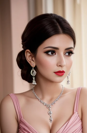 Lebanese woman, diamond dangling earrings, necklace, bracelets, small breasts, 40 years old, smokey eyes, cleavages, red lips, innocent face, pink fashion ball gown, stylish hairstyle, posing, modeling, sad face, embarrassed